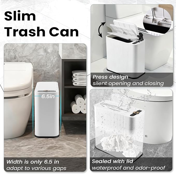 XLHOMO 9-Piece White Bathroom Accessories Set - Minimalist Matte Stripe Set with Slim Press-Top Trash Can, Soap Dispenser & Toothbrush Holder - Aesthetic Apartment Essentials