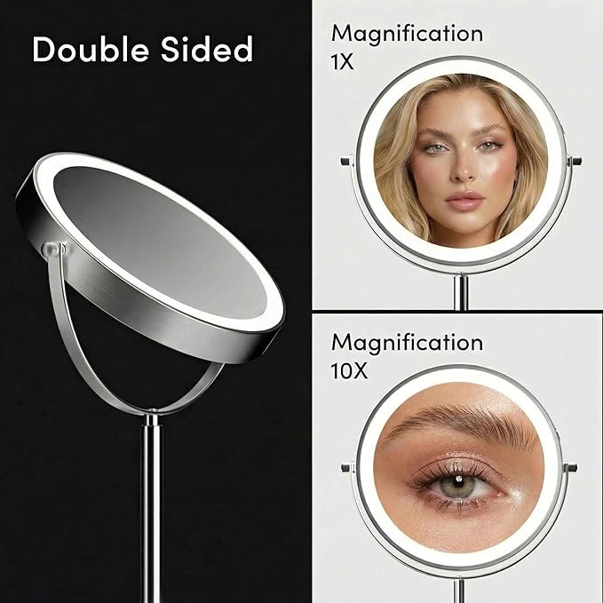 Fancii 9-Inch Lighted Makeup Mirror Height Adjustable with 10X /1X Magnification - Rechargeable, Double Sided LED Vanity Mirror with Light and Stand, 360° Swivel