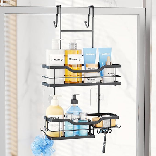 Consumest Over Door Shower Caddy - 2 Tier Shower Shelves Hanging with Soap Holders, Large Capacity Shower Organizer with 4 Hooks, Bathroom Rack and Storage, Black