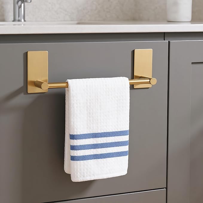 Songtec Gold Towel Bar 12-Inch, Adhesive Stick On Bath Towel Rack No Drill, Strong Adhesion Tape Mount Towel Holder, Stainless Steel - Brushed Gold