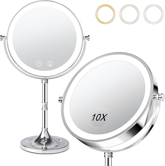 Vanity Mirror with Lights,4000mAh Rechargeable Double Sided Magnifying Mirror with 3 Colors Adjustable,1x/10x Lighted Makeup Mirror,360°Rotation Touch Screen with Memory Function,Women Gift
