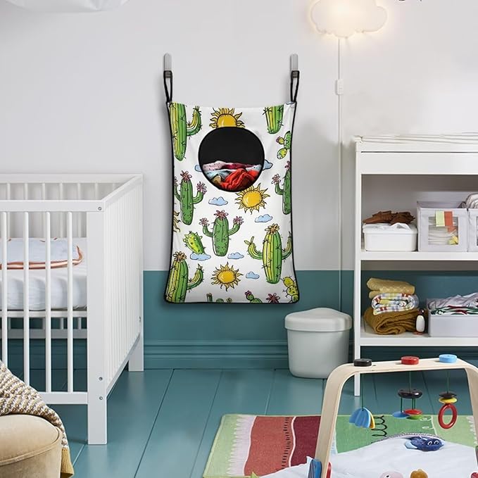 ZOUTAIRONG Sun Cactus Hanging Laundry Hamper Kids Girls Laundry Basket Laundry Hamper Space Saving Home Storage Organizer Dirty Clothes Hampers Hippie Colorful Oil Painting White