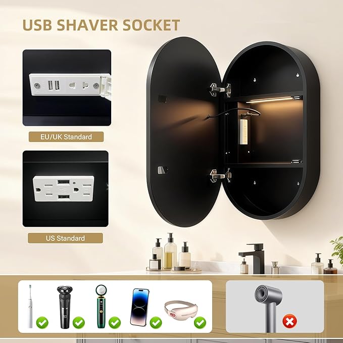 Oval Medicine Cabinet with Light,LED Mirror Cabinet,USB Shaver Socket,Internal Light,Steel with Powder Coating,Soft Closing Hinge,16×28inch