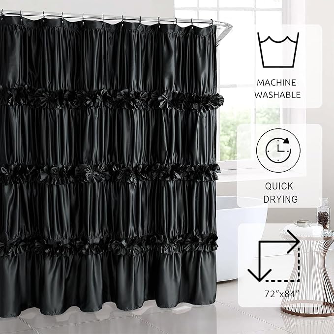 Black Ruffle Shower Curtain, Vintage Handcrafted Bow Tie Bath Curtain for Master Bathroom, Ruched Satin Bathroom Curtain with 12 Buttonholes, 72" W x 84" H (LQ-10)