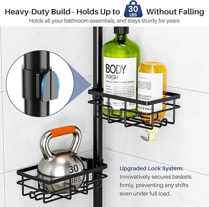 Corner Shower Caddy Organizer Tension Pole, Adjustable 6 Shower Shelves Corner Shelf 30-120Inch Rustproof Shower Rack for Inside Shower, Extra Towel Bar Soap Dish Bathroom Organizers and Storage Black