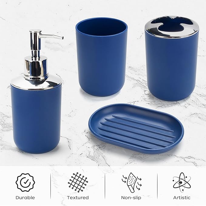 4 Pcs Bark Blue Bathroom Accessories Set,Bohemian Bathroom Toothbrush Holder Set.Include Soap Dispenser, Soap Dish, Toothbrush Holder, Mouthwash Cup, Modern Bahtroom Decor Set