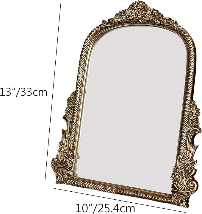Baroque Champagne Gold Vintage Vanity Mirror 13x10 Inch, Wall-Mounted & Tabletop Dual-Use, Ornate Gold Accent Retro Decorative Mirror for Bedroom Dresser, Bathroom, Living Room and Dorm