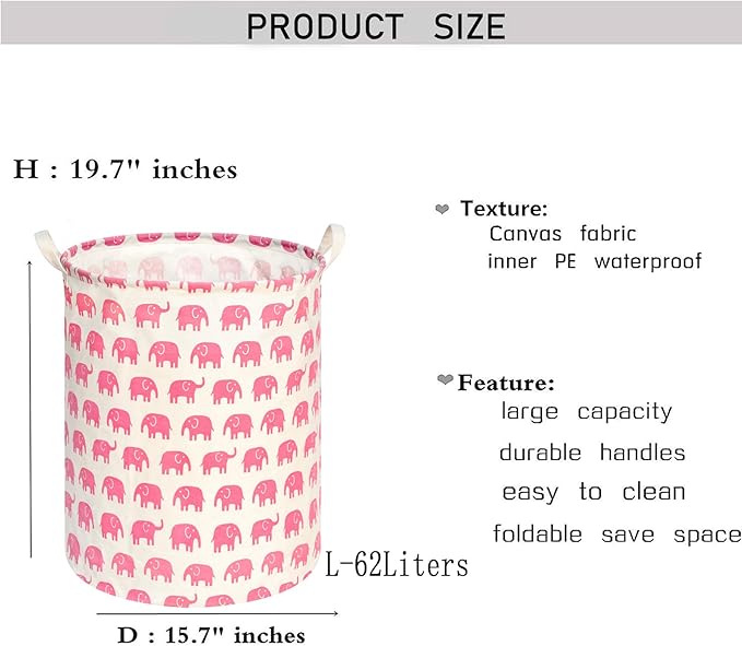 KUNRO Round Laundry Gift Basket Storage Hamper, Clothes Storage Organizer Bins, Shelf Basket with Handles for Room Decor (Pink Elephant)