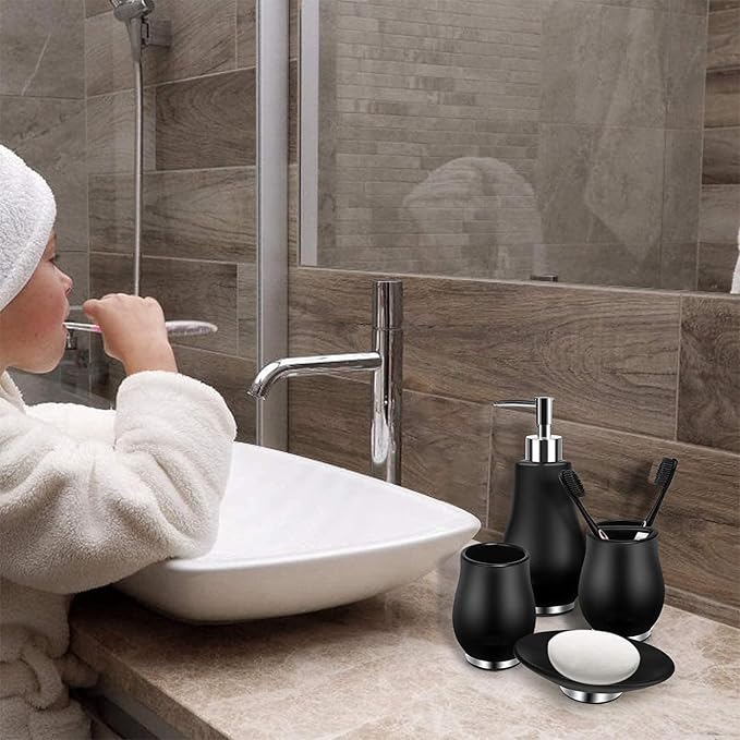 RQYIXI Bathroom Accessories Set 4 Pcs Toothbrush Holder Soap Dispenser Ceramic Bathroom Accessory Set with Toothbrush Cup Soap Dish Tumbler Black