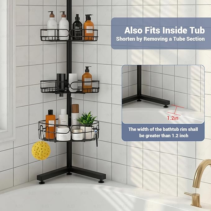 Standing Shower Caddy, 4-Tier Adjustable Height Bathroom Organizer, 6-Section Pole, Sturdy Floor Standing Shelf for Shower or Bathtub – No Drilling, No Spring Tension