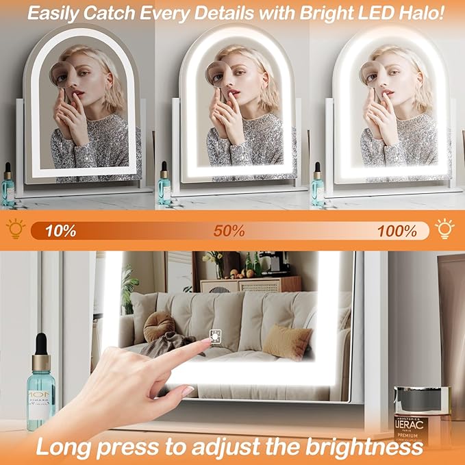 Gvnkvn Curved Makeup Vanity Mirror with Lights 17.2" Large LED Lighted Mirror, Hollywood Make Up Mirror with Lighting, Smart Touch,Detachable 5X Magnification 360° Rotation, (White,Gift Box)