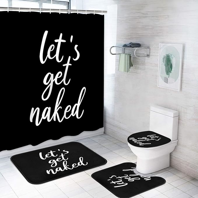 ArtSocket 4PC Shower Curtain Set with Rugs, Let's Get Naked Bathroom Set with Non-Slip Rug, Toilet Lid Cover, Bath Mat and 12 Hooks 72x72 inches