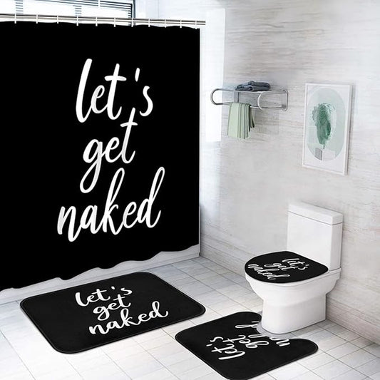 ArtSocket 4PC Shower Curtain Set with Rugs, Let's Get Naked Bathroom Set with Non-Slip Rug, Toilet Lid Cover, Bath Mat and 12 Hooks 72x72 inches