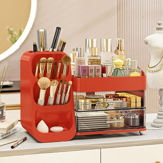 Makeup Organizer for Vanity, Large Capacity Cosmetic Display Case with Clear Acrylic Drawers, Countertop Beauty Storage Holder for Skincare, Brush Eyeshadow Lipstick, Counter Desk, Crystal Red
