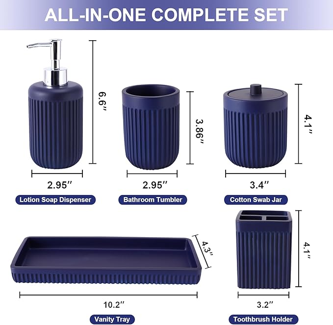 XLHOMO Resin Navy Blue Bathroom Accessories Set 5 Pcs, Lotion Soap Dispenser, Toothbrush Holder, Bathroom Tumbler, Qtip Holder and Vanity Tray, Bathroom Countertop Organizer Set for Modern Apartment