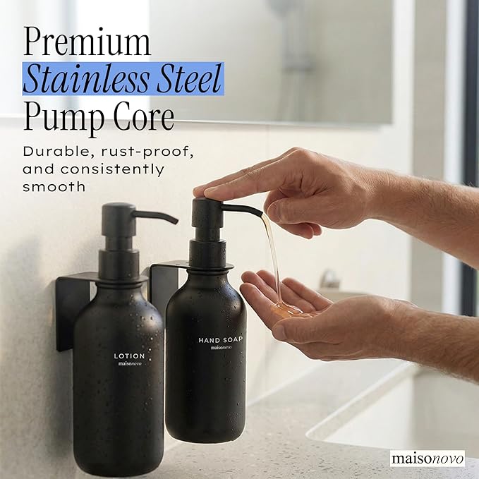 Shampoo and Conditioner Dispenser Wall Mounted Set of 2 Black - No Drill Shower Soap Dispenser for Bathroom Refillable - Spa Hotel Style Accessories by MaisoNovo