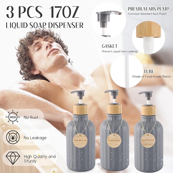 Grey Bathroom Accessories Set 17PCS Bathroom Set with Trash Can 3PCS Lotion Soap Dispenser, Toothbrush Holder, Soap Dish,Tumbler Cup,6PCS Wood Tags Bath Accessories with Tray for Bathroom