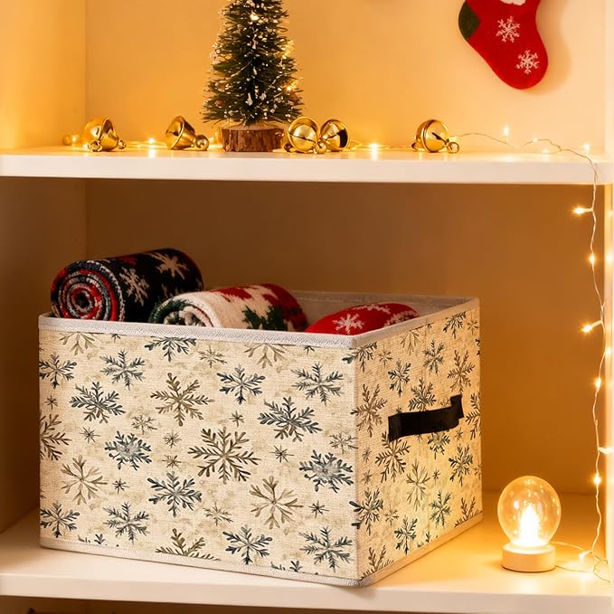 Vintage Winter Snowflake Neutral Christmas Storage Bins, Rustic Holiday Winter Christmas Foldable Closet Organizers Storage Basket Toybox for Clothes Bed Sheets Blankets Toys