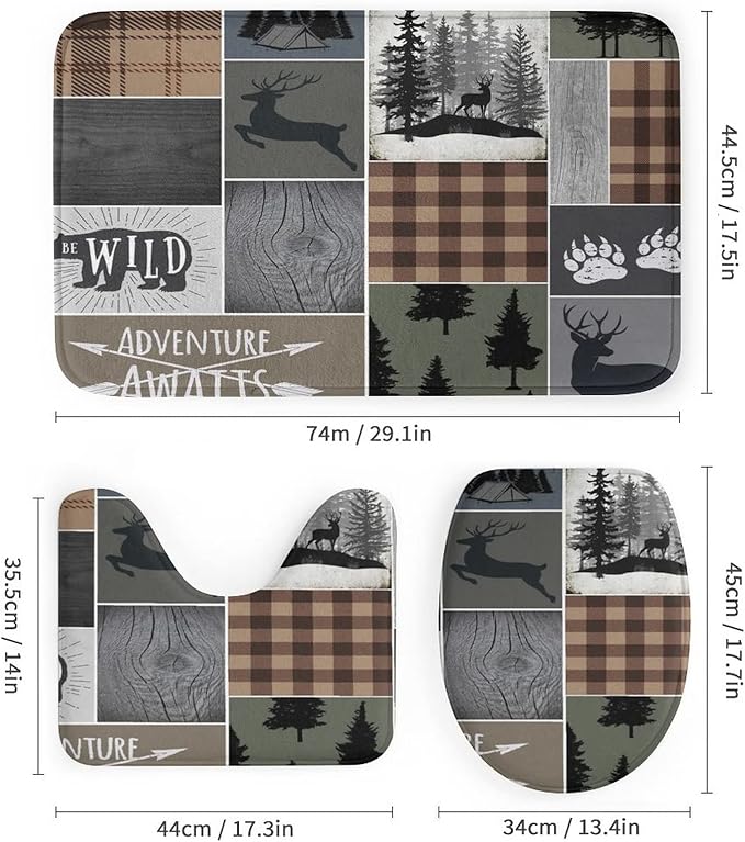 Retro Cabin Bear Deer Shower Curtain Sets with Rugs 4 Piece Accessories Bathroom Curtains Shower Set Include Shower Curtain Non-Slip Rug Toilet Lid Cover Bath Mat One Size