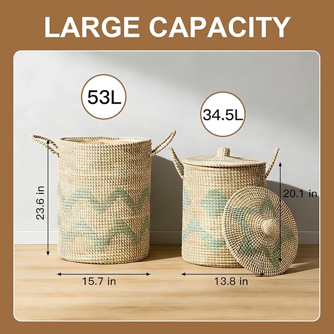 Set of 4 Laundry Hamper with Lid and Handles, Foldable, Removable Liner, 2 Pack Large Handwoven Seagrass Clothes Blanket Baskets 53L 34.5L, and 2 Pack Woven Storage Basket 5L 3.2L, Military Green