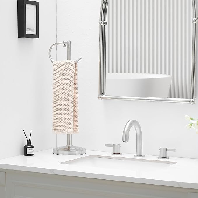 Hand Towel Holder Stand for Bathroom Countertop, Standing Towel Rack with Non-Slip Base, Stainless Steel Adjustable Towel Bar 16.5-26 Inch for Kitchen Vanity (Brushed Nickel)