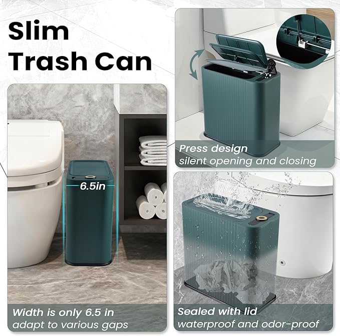 XLHOMO 9-Piece Dark Green Bathroom Accessories Set - Slim Pop-up Trash Can with Lid, Toilet Brush, Soap Dispenser & Apothecary Jars - Luxury Emerald Decor for Small Spaces