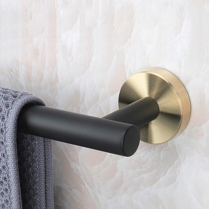 NearMoon Bath Towel Bar, Thicken Stainless Steel Shower Towel Rack Holder Wall Mounted for Bathroom, 24-lnch Overall Length-21-lnch Usable Hanging Space (1 Pack, Matte Black & Gold)