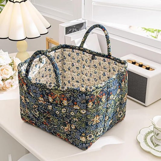 Quilted Fabric Storage Basket Boho Floral Laundry Hamper with Handle Foldable Floral Basket Organizer for Car Bedroom