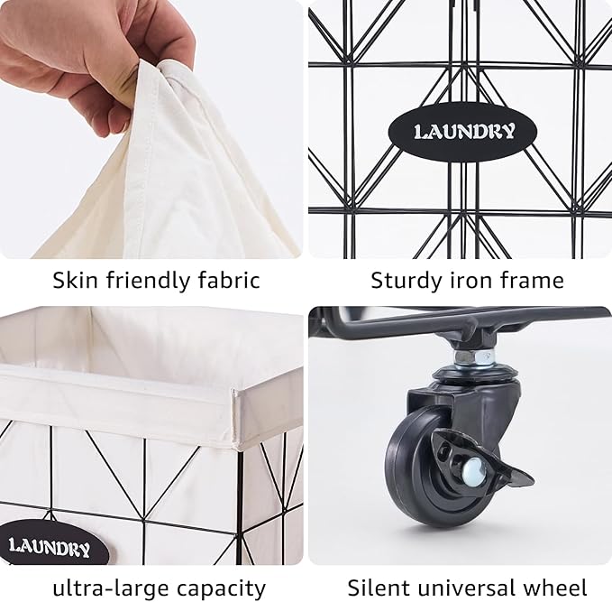 Mxfurhawa Laundry Hamper,Collapsible Laundry Basket Large Capacity Metal Laundry Hamper with Removable Liner, Rolling Wheels and Collapsible Design for Clothes Storage and Organization (210L BLACK)