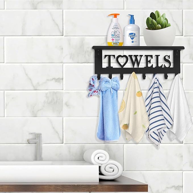 Towel Rack with Shelf 8 Hooks, Bathroom Towel Holder Metal Shelf Organizer, Wall Mounted Storage for Towels, Robes, Clothes in Bathroom, Kitchen, Bedroom,Home