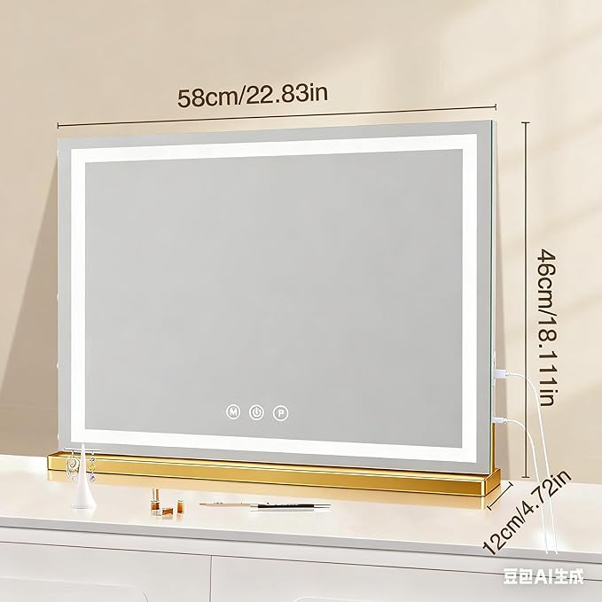 Large Lighted Vanity Mirror, 23" x 19" Light Up Make up Mirror with Smart Touch 3 Colors Dimmable, Tabletop or Wall-Mounted, Memory Function
