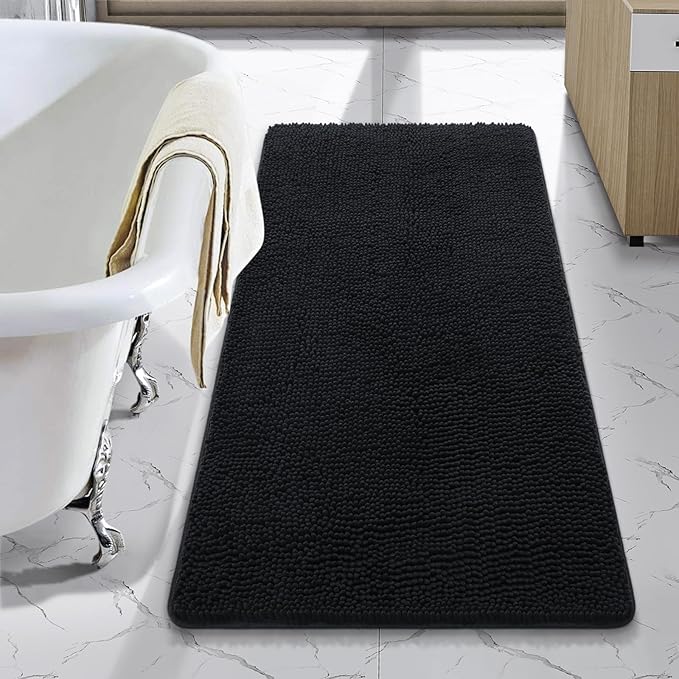 LOCHAS Luxury Bathroom Rug Shaggy Bath Mat 24 x 44 Inch, Washable Non Slip Bath Rugs for Bathroom Shower, Soft Plush Chenille Absorbent Carpets Mats, Black