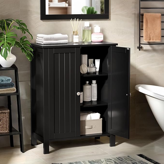 Bonnlo Free Standing Bathroom Cabinet, Modern Black Storage Cabinet with Doors, Small Wooden Floor Cabinet Sideboard for Hallway, Bedroom, Kitchen Organization, 31.5 Inch High