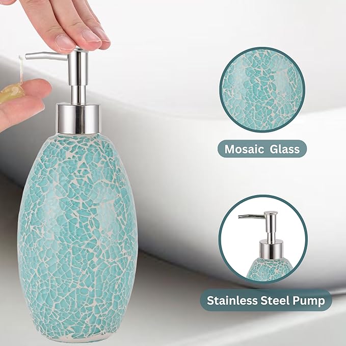 Escenzy Stylish Green Bathroom Accessories Sets 4 Pcs | Luxurious Glass Soap Dispenser, Toothbrush Holder, Cotton Swab Jar, Vanity Tray | Modern Decor Bling Mosaic Glass Turquoise Bathroom Accessories