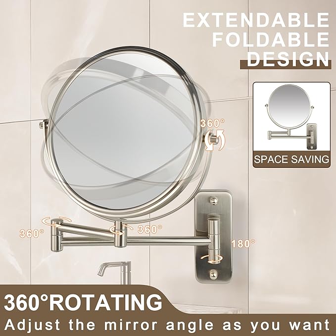 JANEEVA 8" Wall Mounted Makeup Mirror, 10X Magnifying Mirror with 360 Extendable Arm - Double Sided Vanity Mirror for Bathroom (Brushed Nickel)