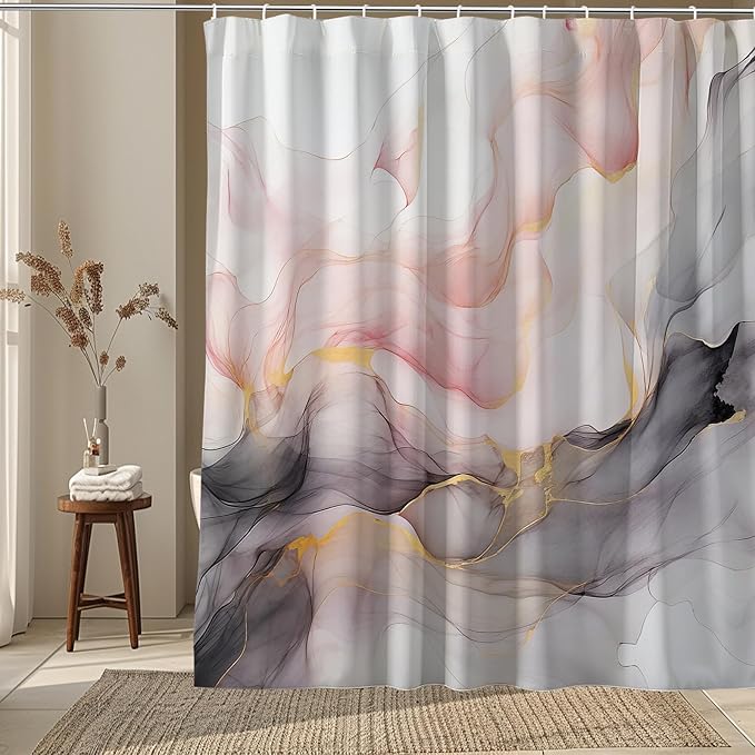 Marble Shower Curtain Abstract Pink White Gold Black Ink Ombre,Morden Fabric Shower Curtains for Bathroom Decor 72x72 Inch