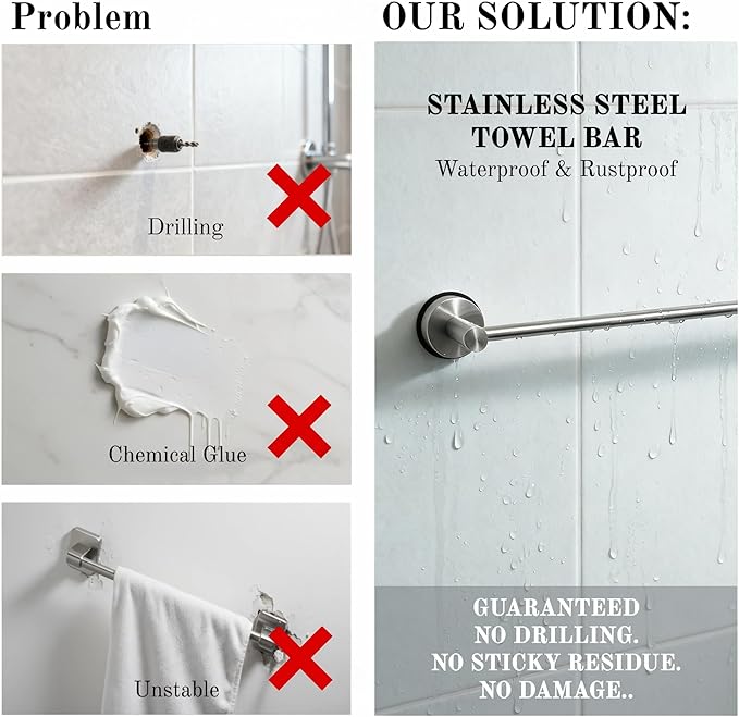 Suction Cup Towel Bar 17-28 Inch Adjustable Retractable Stainless Steel Towel Rack for Bathroom, RV & Renters - No Drill Heavy Duty Wall Mounted Holder, Removable for Glass & Tile (1, Silver)