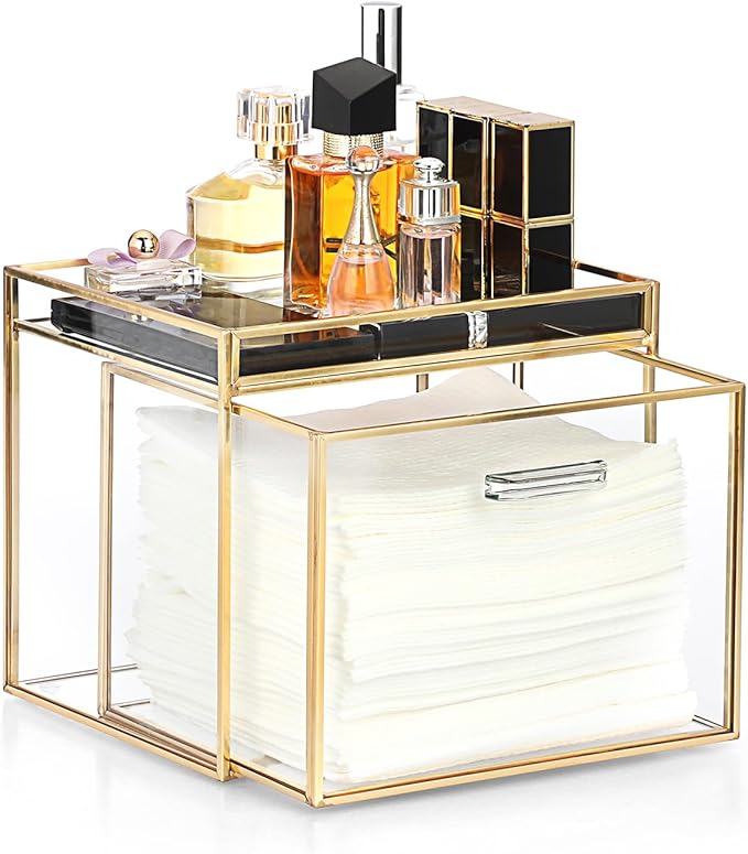 Sumnacon Disposable Face Towel Holder Glass Face Towel Storage Box with Drawer Compatible with Clean Skin Cluub Clean XL Makeup Box Organizer for Bathroom,Vanity Countertop