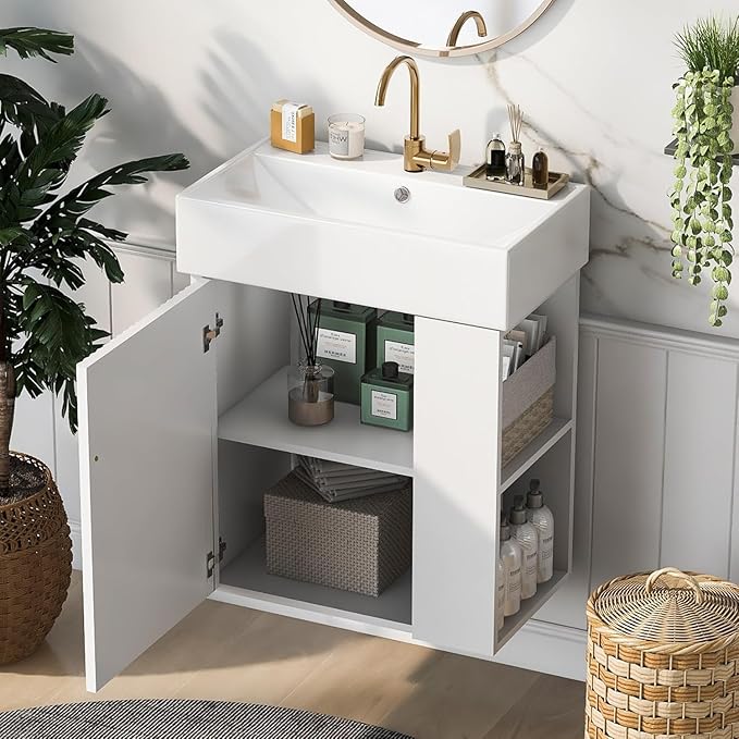 Virubi 21.6 in Floating Bathroom Vanity with Sink,Soft Closing Doors,Solid Wood Frame & MDF Modern Single Small White Bathroom Vanity Cabinet with Open Shelf,Wall Mounted