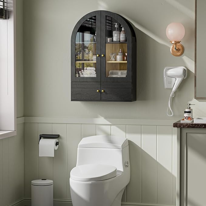 BREEZEHEAT Arched Medicine Cabinet with Extra Storage, Glass Doors & Adjustable Shelf -Wall Mounted Over Toilet Cabinet for Bathroom, Kitchen, Laundry Room, Black Wood Grain, 23.6x33.5 Inch