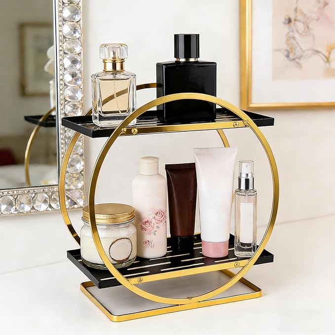 BO2701 2 Tier Bathroom Organizer, Perfume Organizer for Dresser, Black Gold