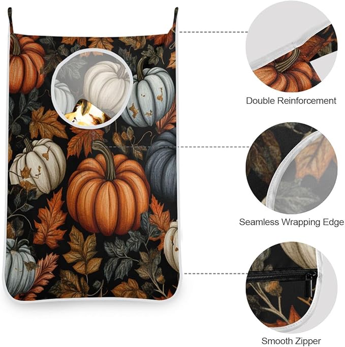 Hanging Laundry Hamper Over the Door with Stainless Steel Hooks Rack Dirty Clothes Wall Mounted Hamper Basket Bag 29.5X20inch Fall Thanksgiving Pumpkin