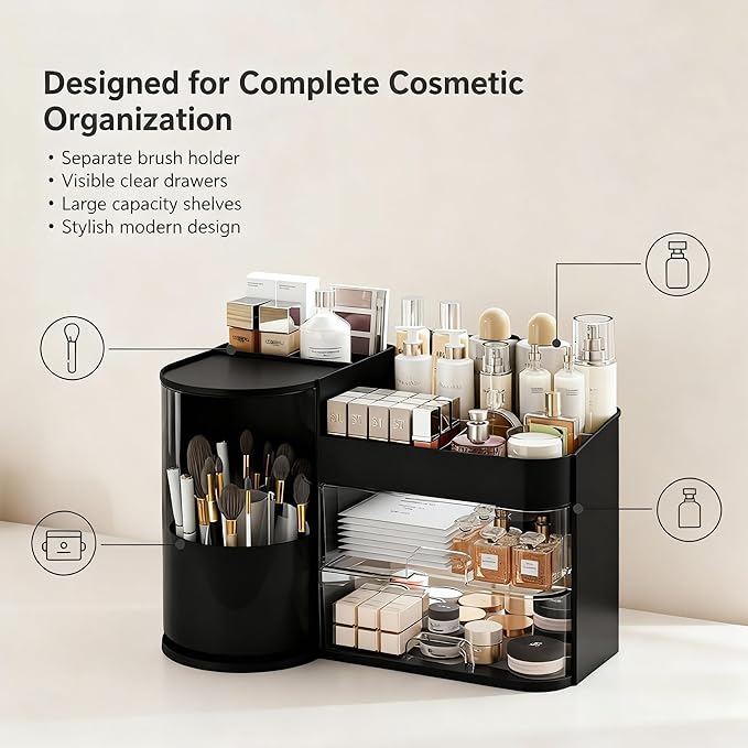 Makeup Organizer with Rotating,Large Bathroom Countertop Cosmetic Organizer with Brushes Holder,Skincare Storage Organizer,Ideal makeup holder for Skincare,Lipstick,etc (Light Luxury Black)