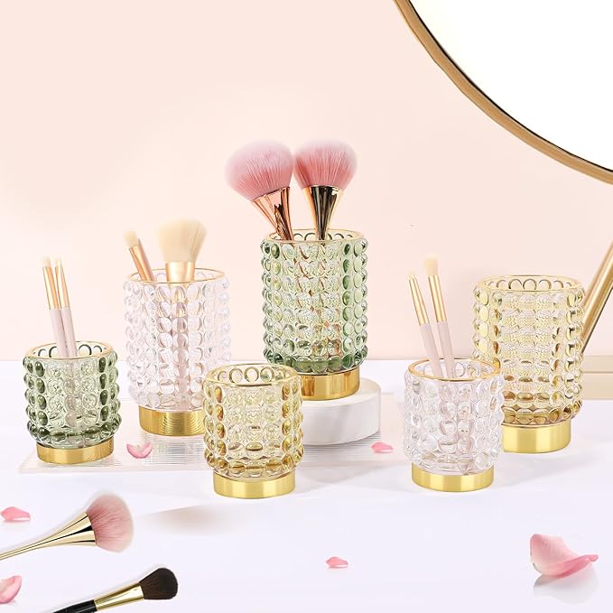 DASITON Makeup Brush Holder Organizer, Crystal Cosmetic Make Up Brush Holder, Glass Makeup Brushes Storage Organizer, Vintage Make Up Cup Desk Pen Pencil Holder, Toothbrush Holders (Green S+L)