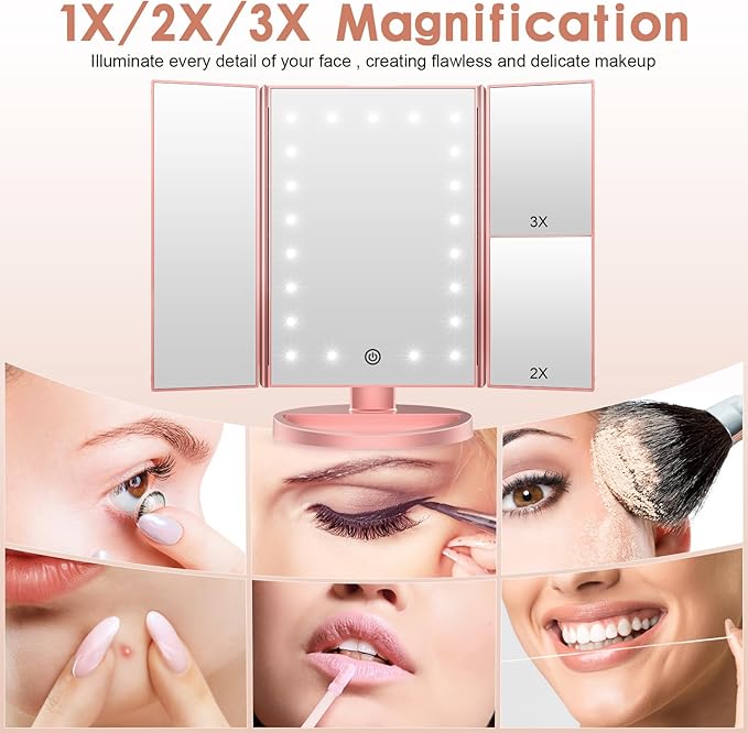 CZW Trifold Makeup Vanity Mirror with 36 Dimmable Lights, Dual Power LED Lighted Portable Cosmetic 2X/3X Magnification Mirrors