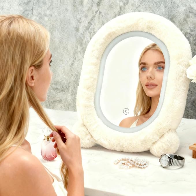 Lighted Makeup Mirror, 12”x16” Vanity Mirror with 3 Colors, Fur Wrapped Cosmetic Light Up Mirror Smart Touch Dimmable 3 Modes Light Tabletop Compact Mirror for Women Girlfriend Gift (White)