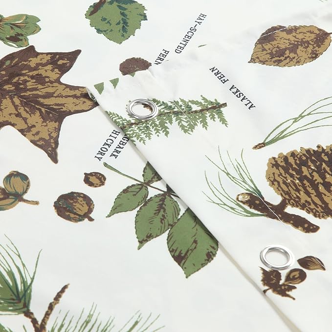 Fabric Shower Curtain, Brown and Green Natural Botanical Leaf Pinecone Print Shower Curtains for Bathroom, 72" W x 72" H