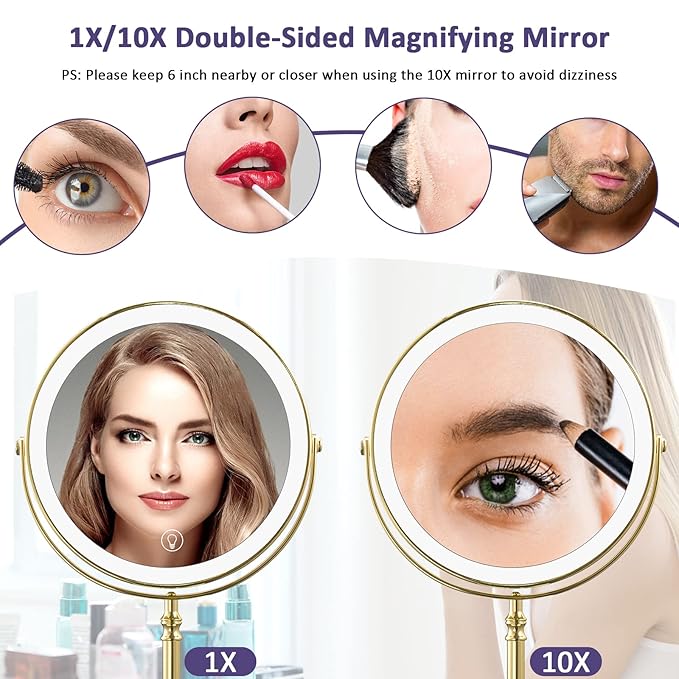 Gold Makup Mirror with Lights, 10X Magnifying Lighted Vanity Mirror, 8 Inches 360 Swivel Two-Sided Tabletop Mirror Gold Finish