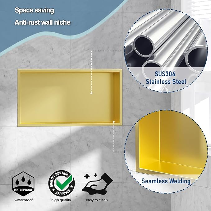 Neodrain Shower Niche, Insert Bathroom Storage Shower Shelf, Stainless Steel Recessed Wall Niche No Tiled Recessed Cabinet Waterproof for Shower Storage(Gold,24"x12")