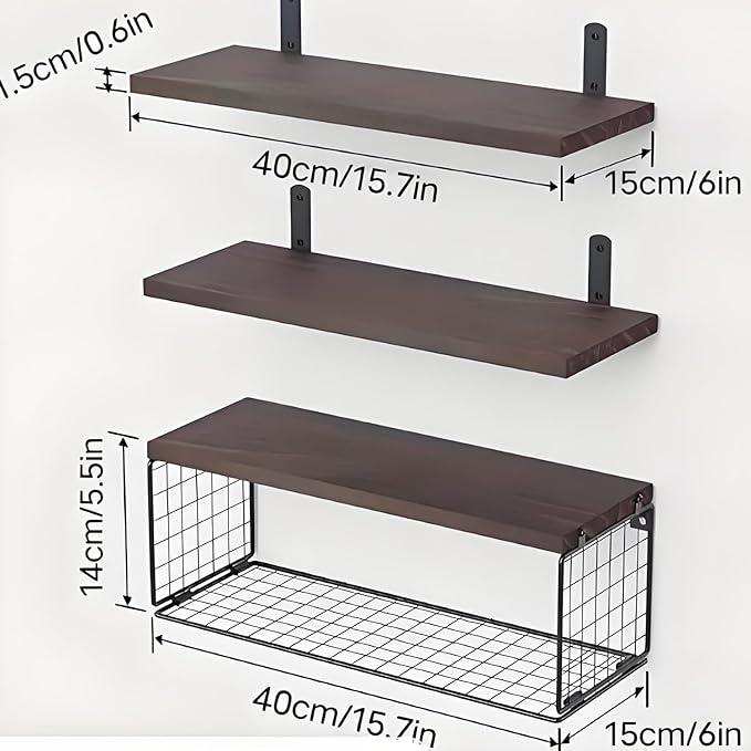 Bathroom Shelves Over Toilet, Set of 3 Wall Mounted Floating Shelves with Storage Basket Rustic Wood Shelf for Home Organization, Wall Decor for Bathroom, Kitchen, Living Room. (Brown)